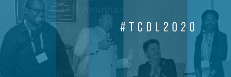 Blue hued photo collage with text #TCDL2020.
