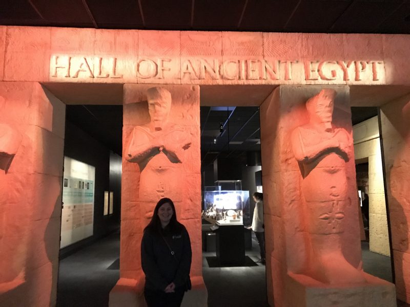 Meagan stands in front of the entrance to the Hall of Ancient Egypt exhibit at the Houston Museum of Natural Science.