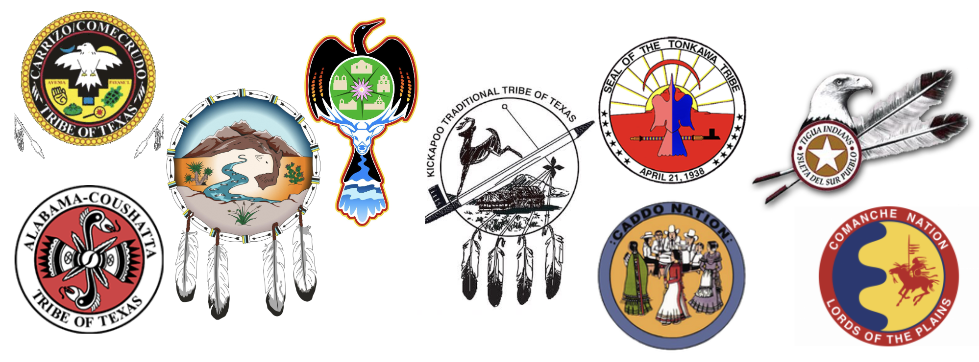 Images of tribal logos for the TDL Land Acknowledgement, including Alabama-Coushatta, Caddo, Carrizo/Comecrudo, Coahuiltecan, Comanche, Kickapoo, Lipan Apache, Tonkawa, and Ysleta Del Sur Pueblo.