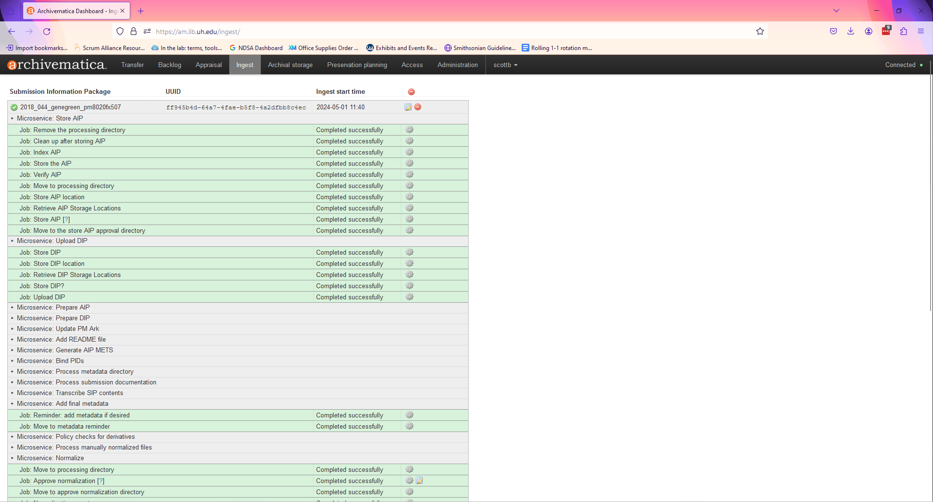 Ingest page for Gene Green social media archive in Archivematica test environment