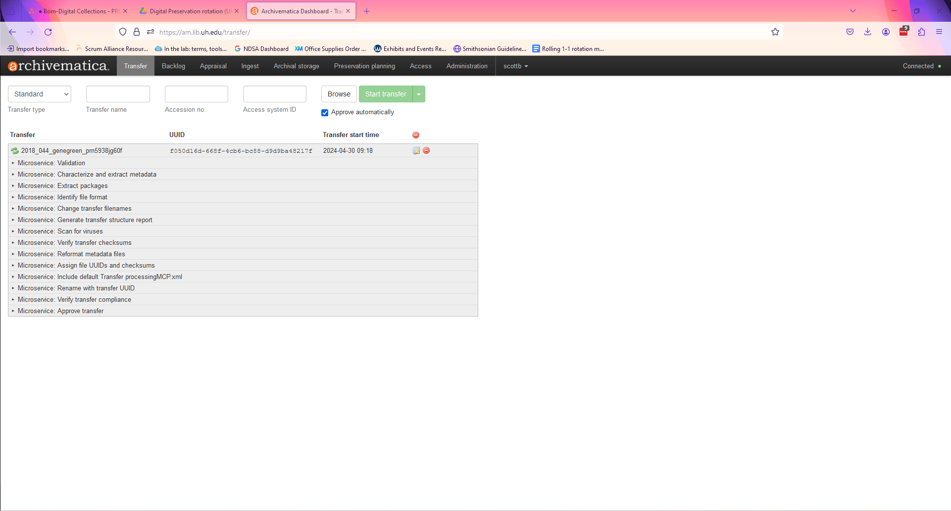 Transfer page for Gene Green social media archive in Archivematica test environment
