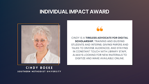 Screenshot from the TDL 2024 awards ceremony honoring Cindy Boeke.