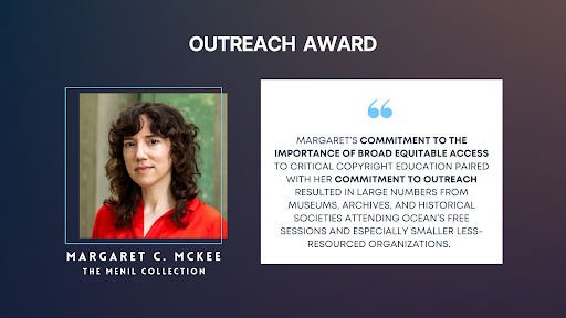 Screenshot from the TDL 2024 awards ceremony honoring Margaret C. McKee.