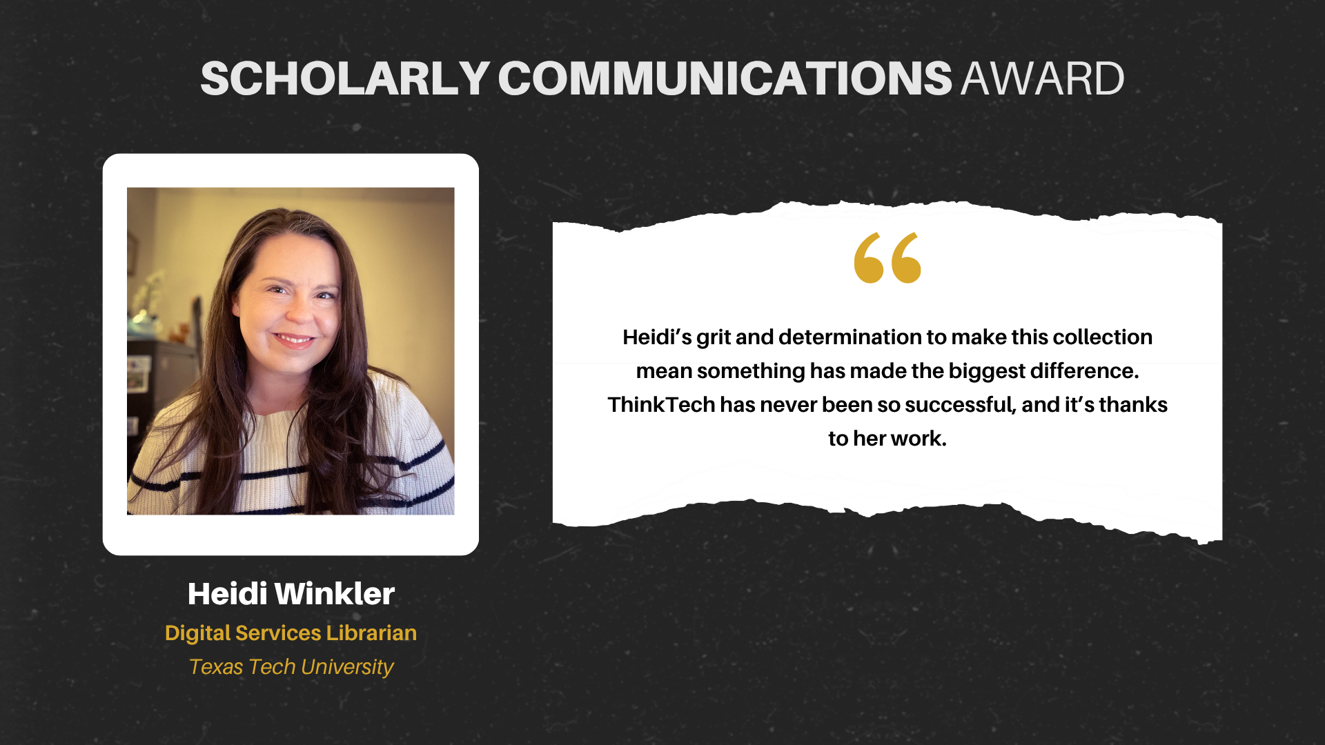 Screenshot from the TDL 2025 awards ceremony honoring Heidi Winkler.
