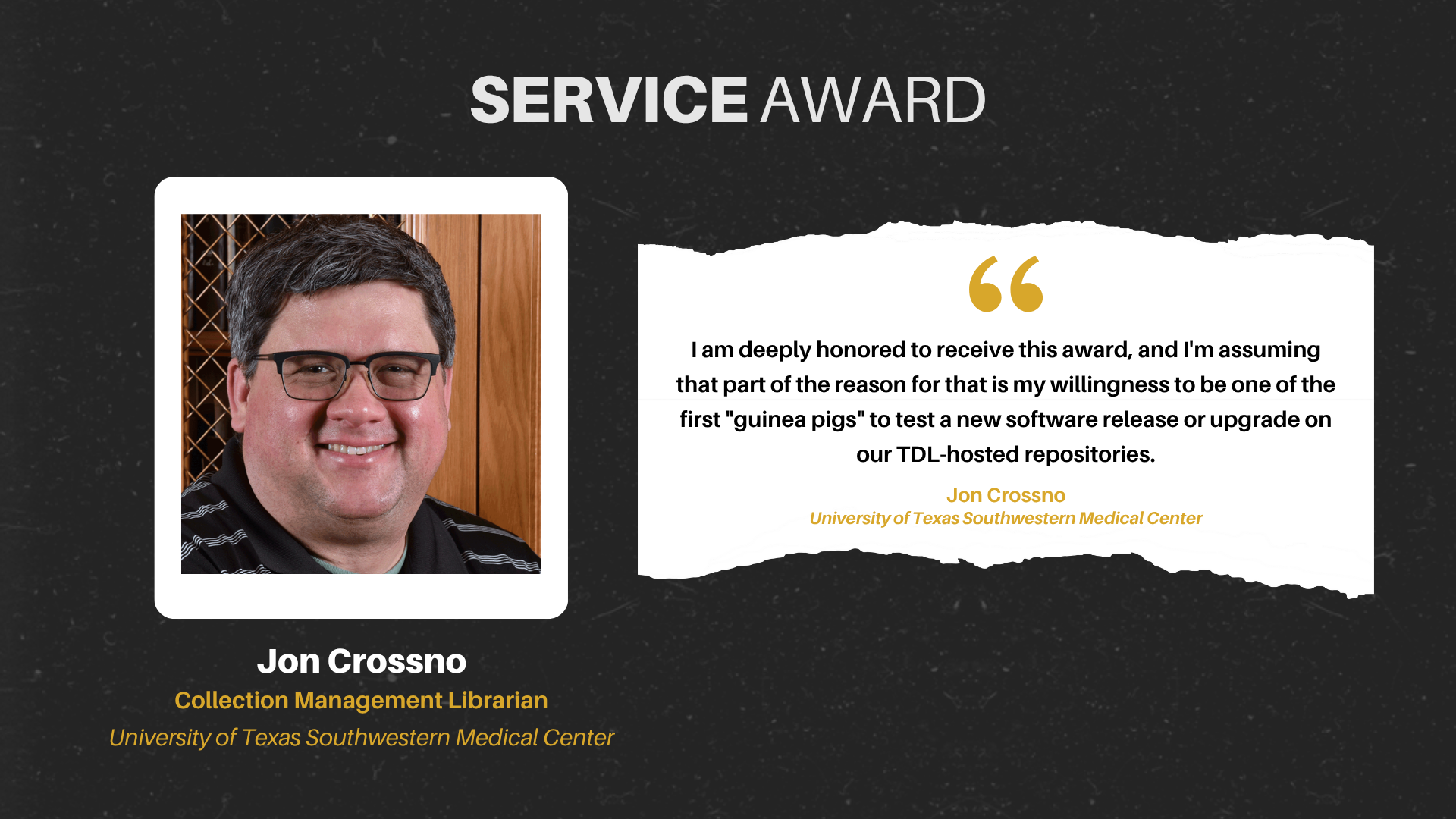 Screenshot from the TDL 2025 awards ceremony honoring Jon Crossno.