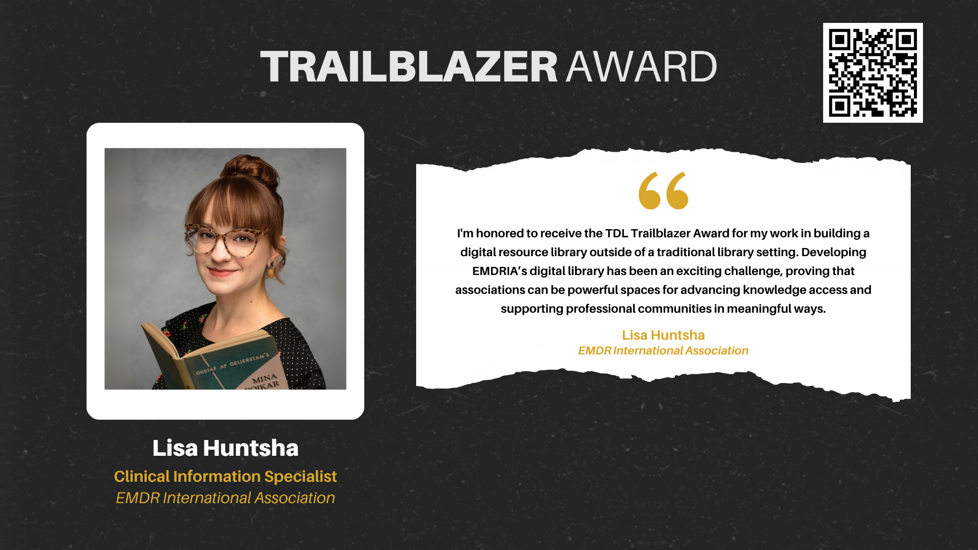 Screenshot from the TDL 2025 awards ceremony honoring Lisa Huntsha.