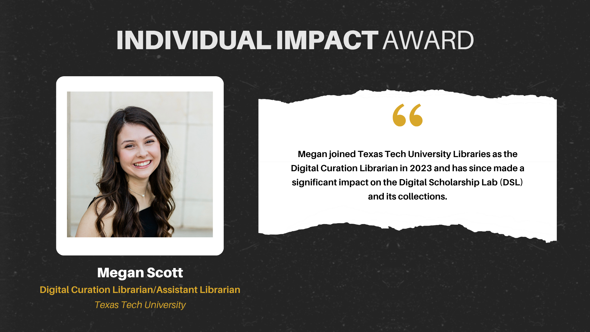 Screenshot from the TDL 2025 awards ceremony honoring Megan Scott.