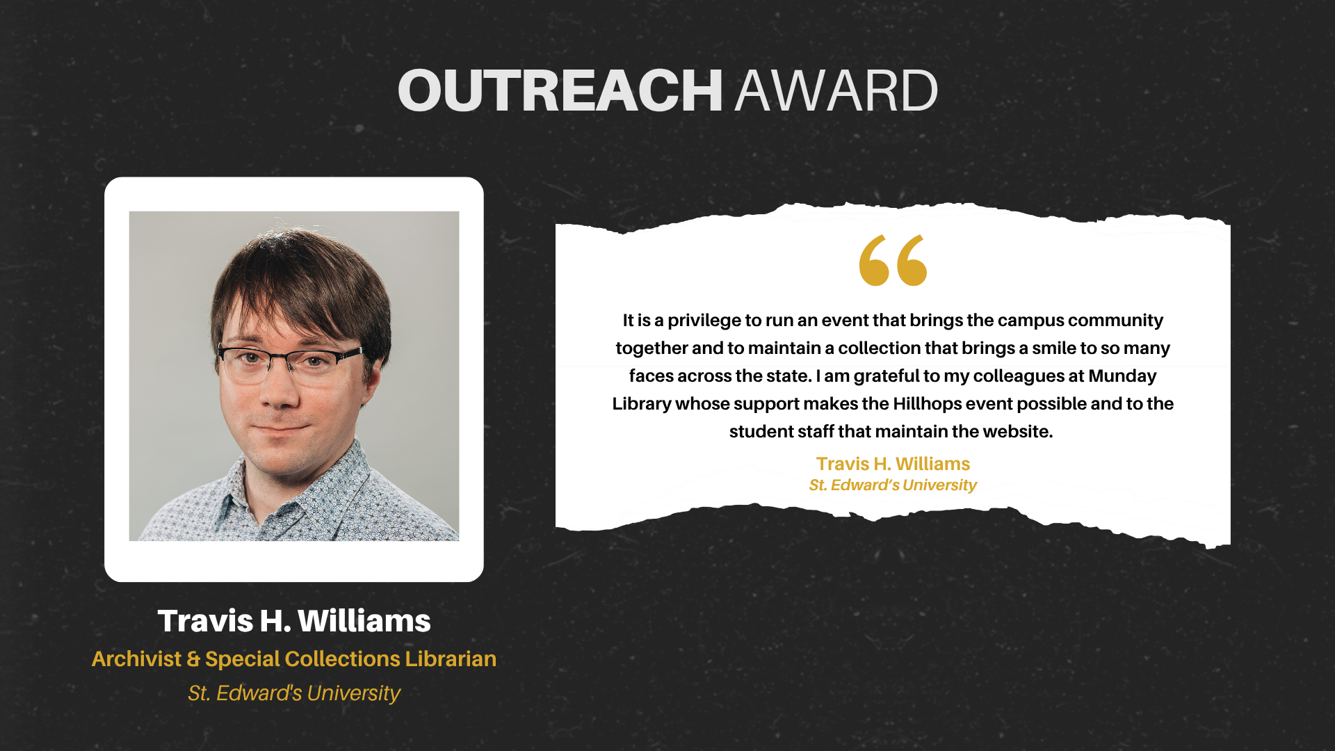 Screenshot from the TDL 2025 awards ceremony honoring Travis H. Williams.