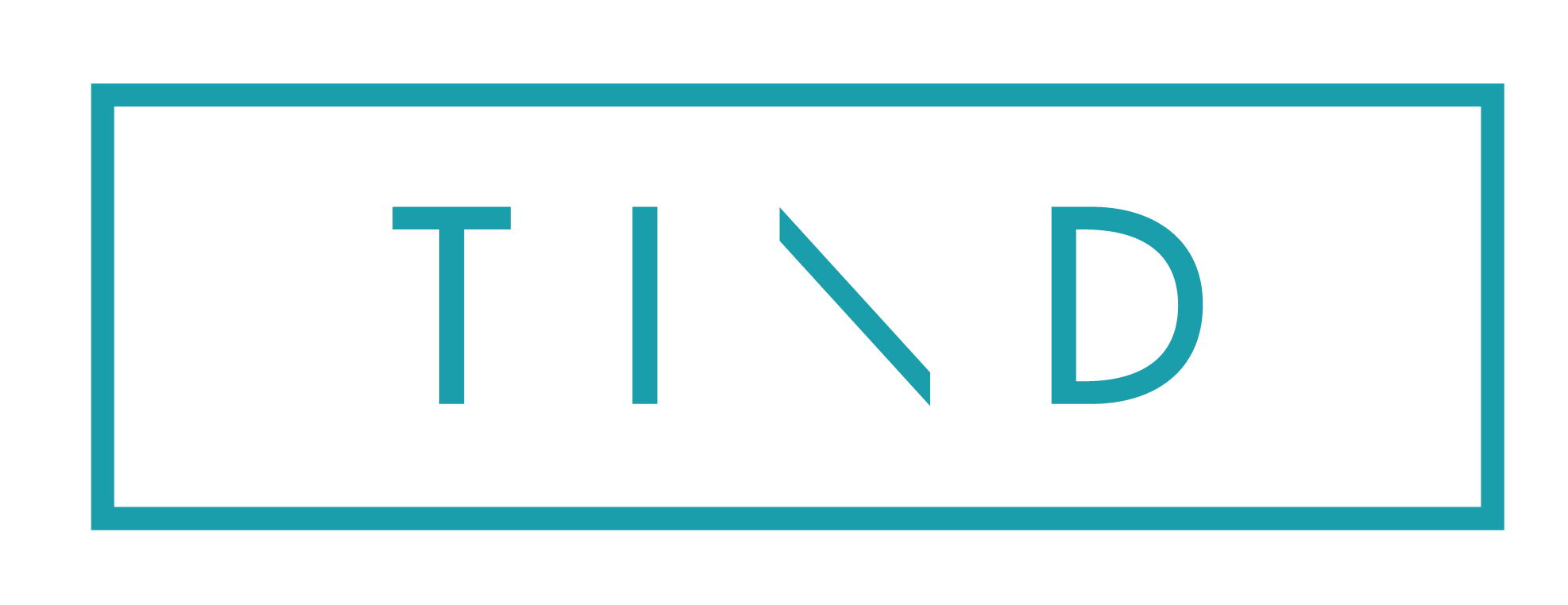 A minimalist logo for TIND in uppercase turquoise letters within a rectangular border on a plain white background.