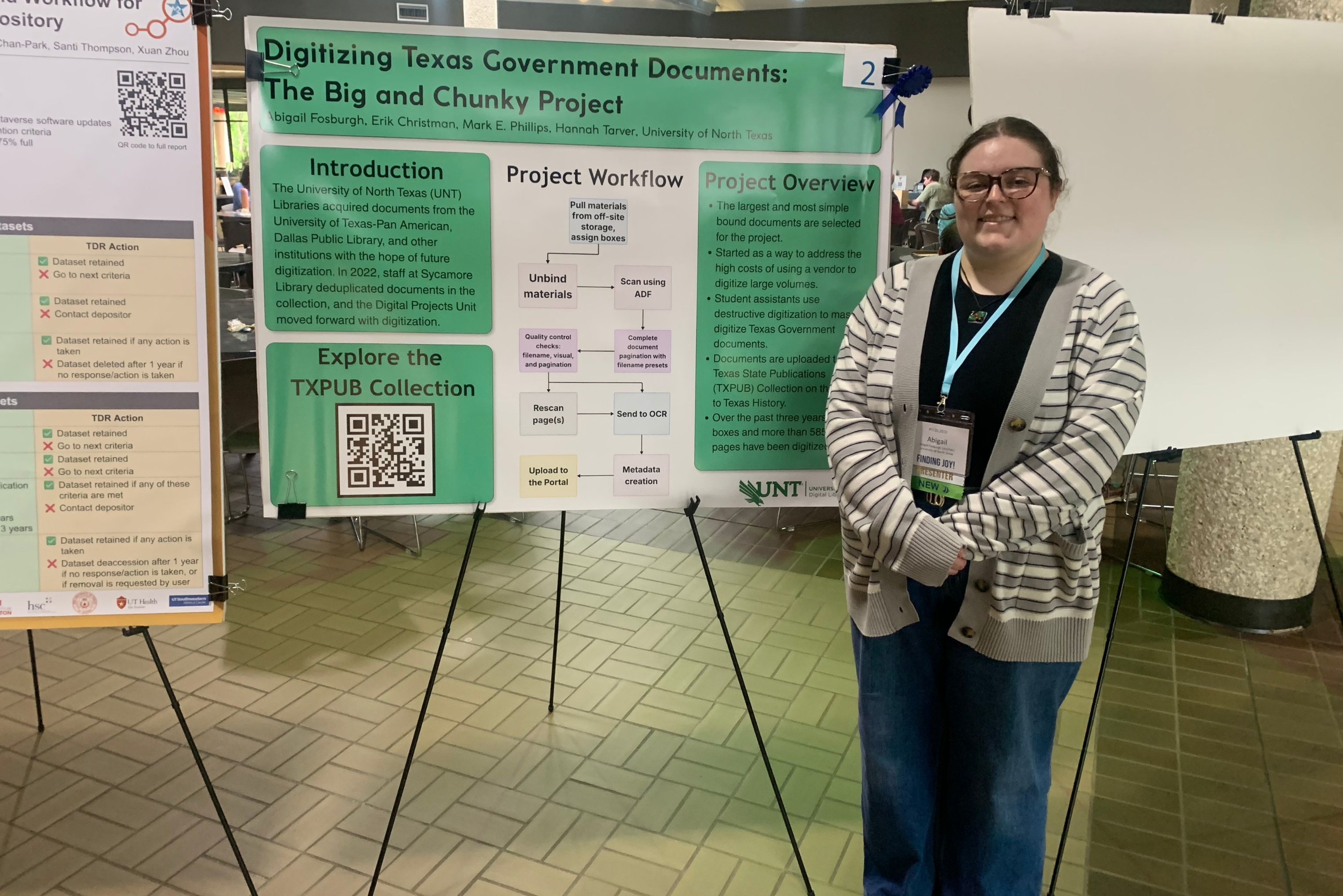 Abigail Fosburgh next to their TCDL 2026 poster titled, “Digitizing Texas Government Documents: The Big and Chunky Project”.
