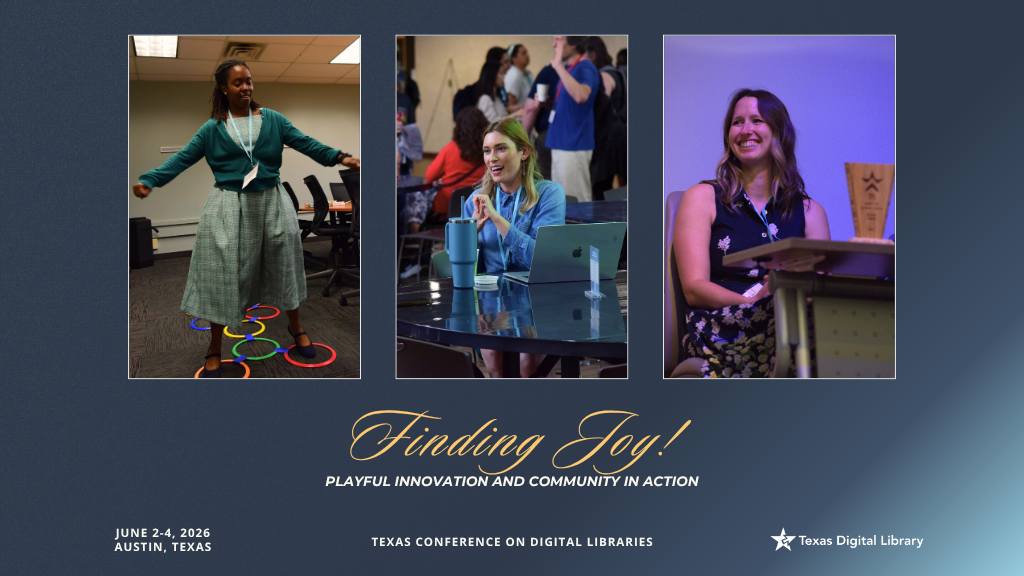 Three images show people engaging at a conference: a woman playing hopscotch, a woman smiling at a table with a laptop, and another woman smiling on stage with an award. The text below reads, "Finding Joy! Playful Innovation and Community in Action." Event details: June 2-4, 2026, Austin, Texas.