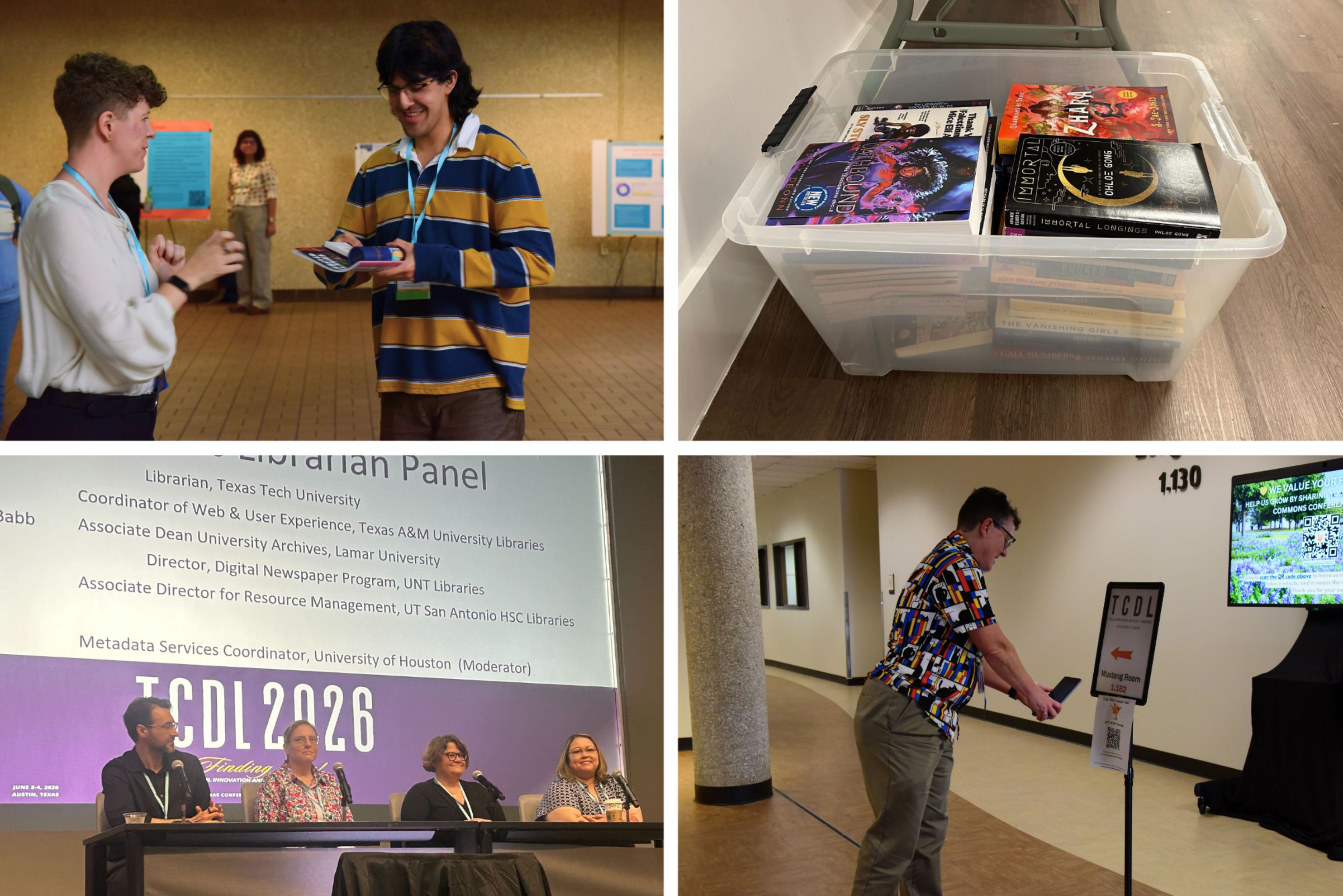 Collage of community activities at TCDL 2026: panel session, treasure hunt joy stop, book drive, and scavenger hunt prizes