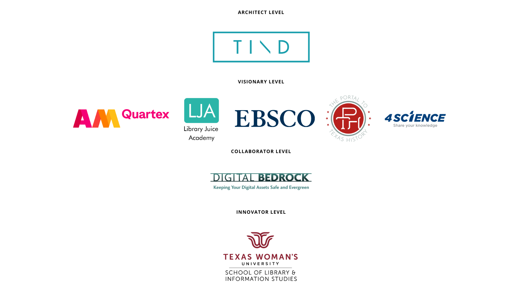 TCDL 2026 Sponsor Logos: TIND, AM Quartex, Library Juice Academy, EBSCO, The Portal to Texas History, 4Science, Digital Bedrock, and Texas Woman’s University School of Library and Information Studies.